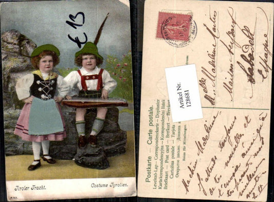 128681,Tolle Präge AK Kinder Tracht m. Zither Hut Volkstracht