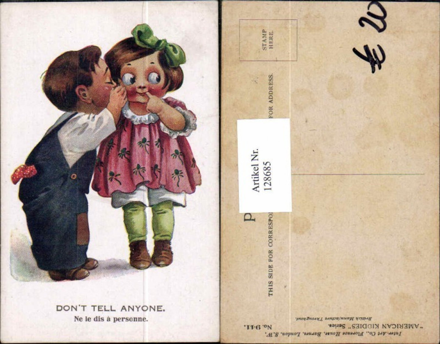 128685,Tolle Künstler AK Kinder Mädchen Kleid Junge flüstert American Kiddies