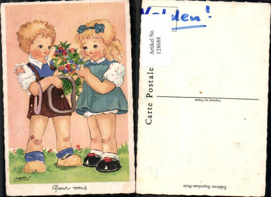 128688,Süsse Kinder AK Mädchen Blumen Kleid sign. Laparda