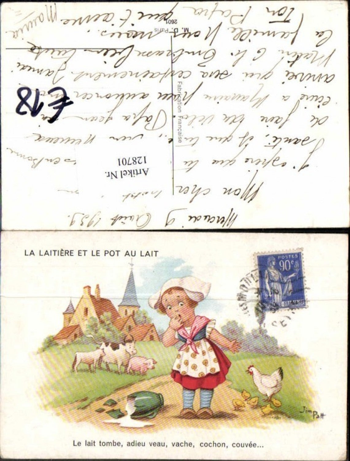 128701,Jim Patt Süsse Künstler AK Mädchen ferkel Küken Milch Gefäss kaputt