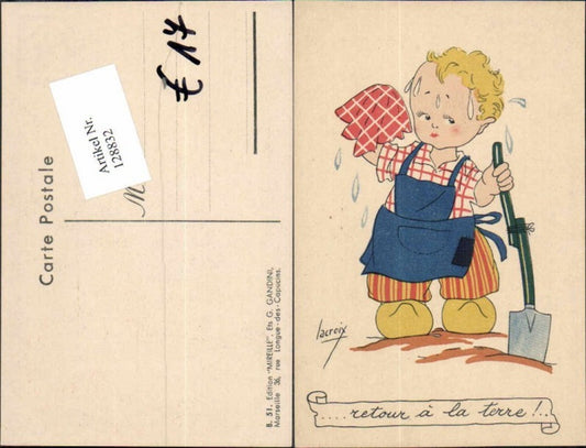 128832,Lacroix Kind als Gärtner Beruf schwitzt Schaufel Spaten