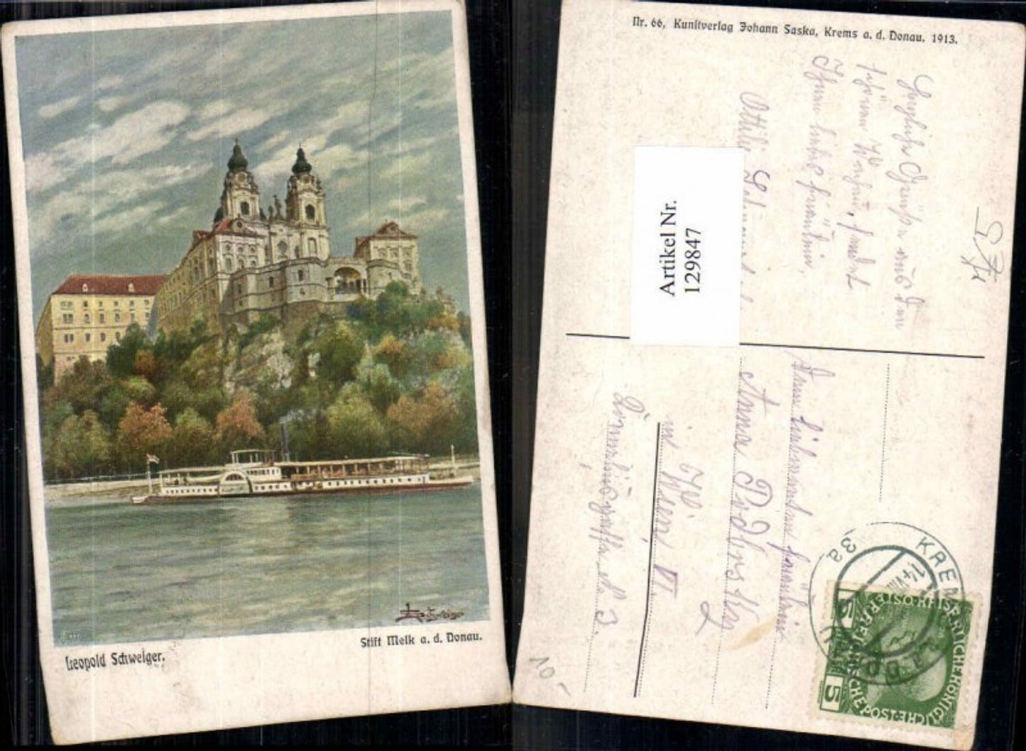 129847,Litho Leopold Schweiger Melk a.d. Donau m. Dampfer 1913