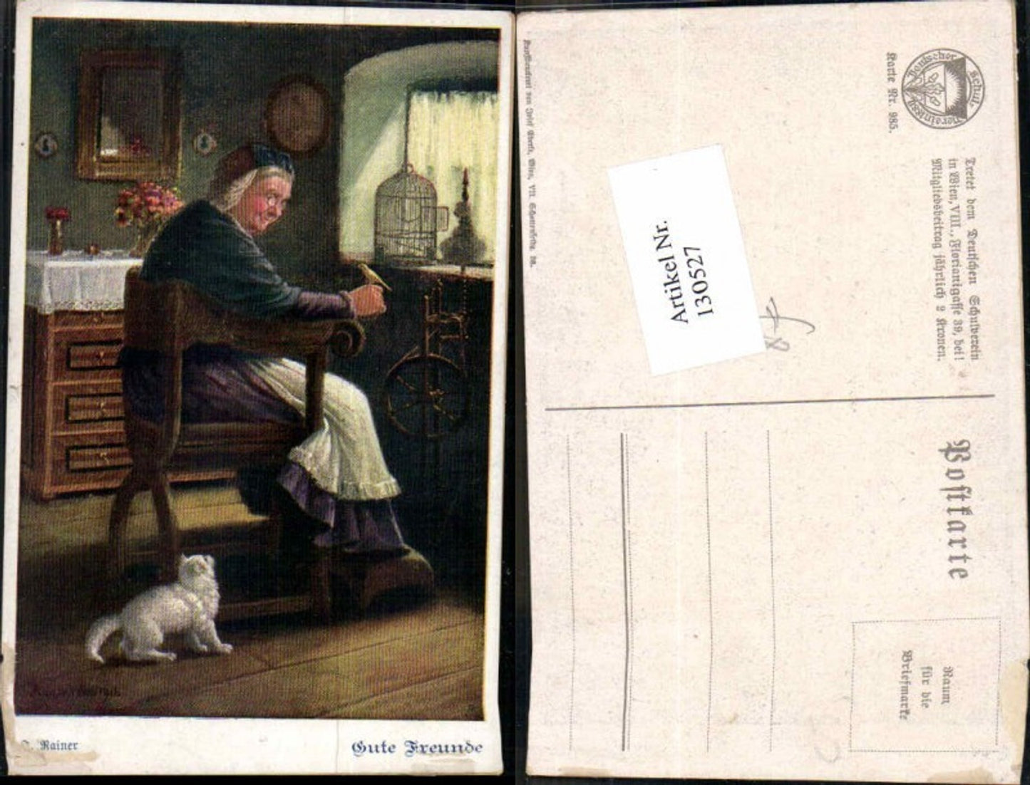 130527,Dt Schulverein 985 rainer sign. Frau am Spinnrad Spinrad Katze Cat Vogelkäfig
