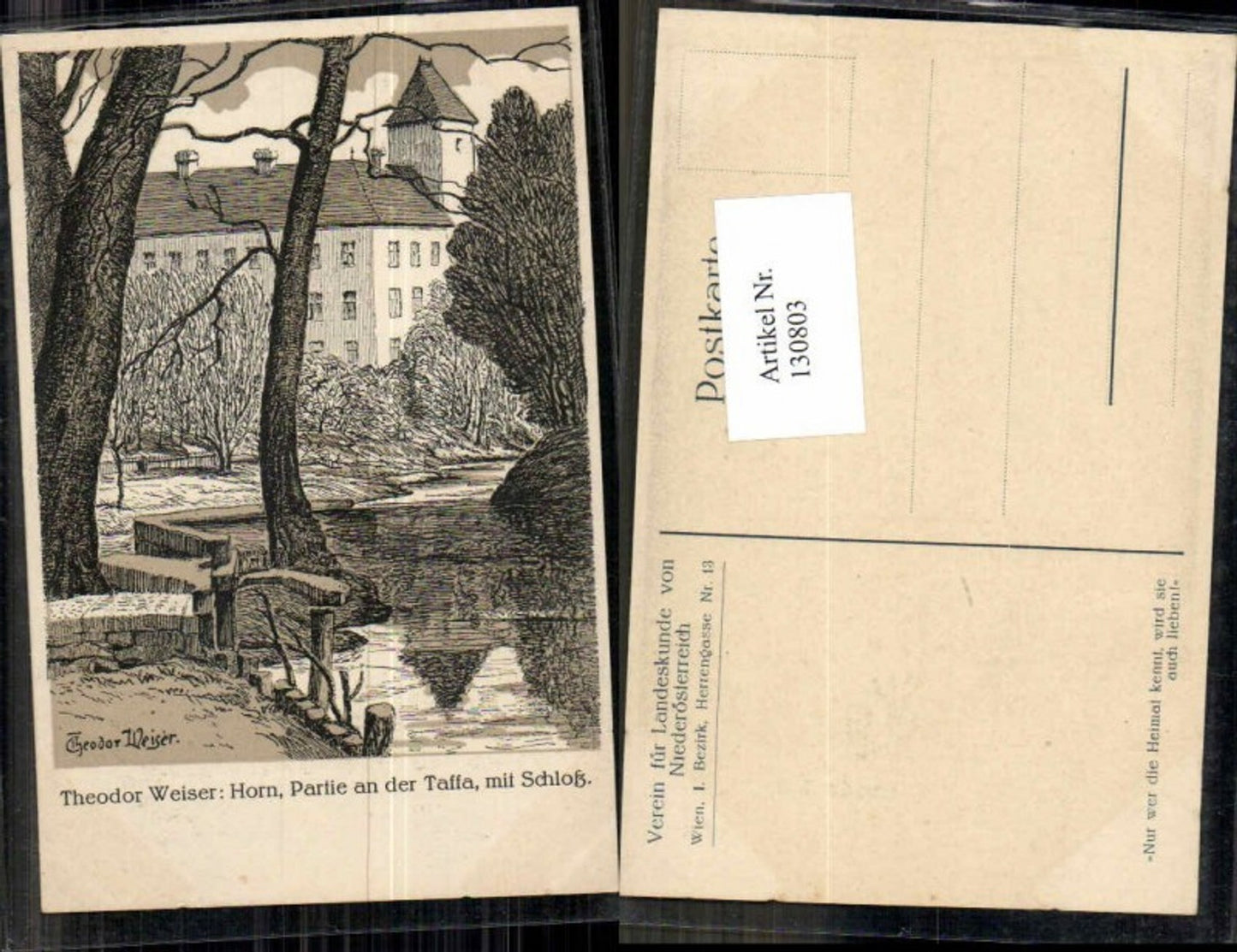 130803,Horn Partie a.d. Taffa m. Schloss sign. Theodor Weiser Verein f. Landeskunde NÖ