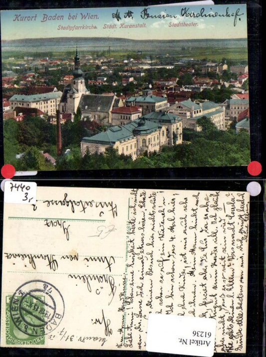 61236,Baden b. Wien Stadtpfarrkirche Kuranstalt Stadtheather 1915