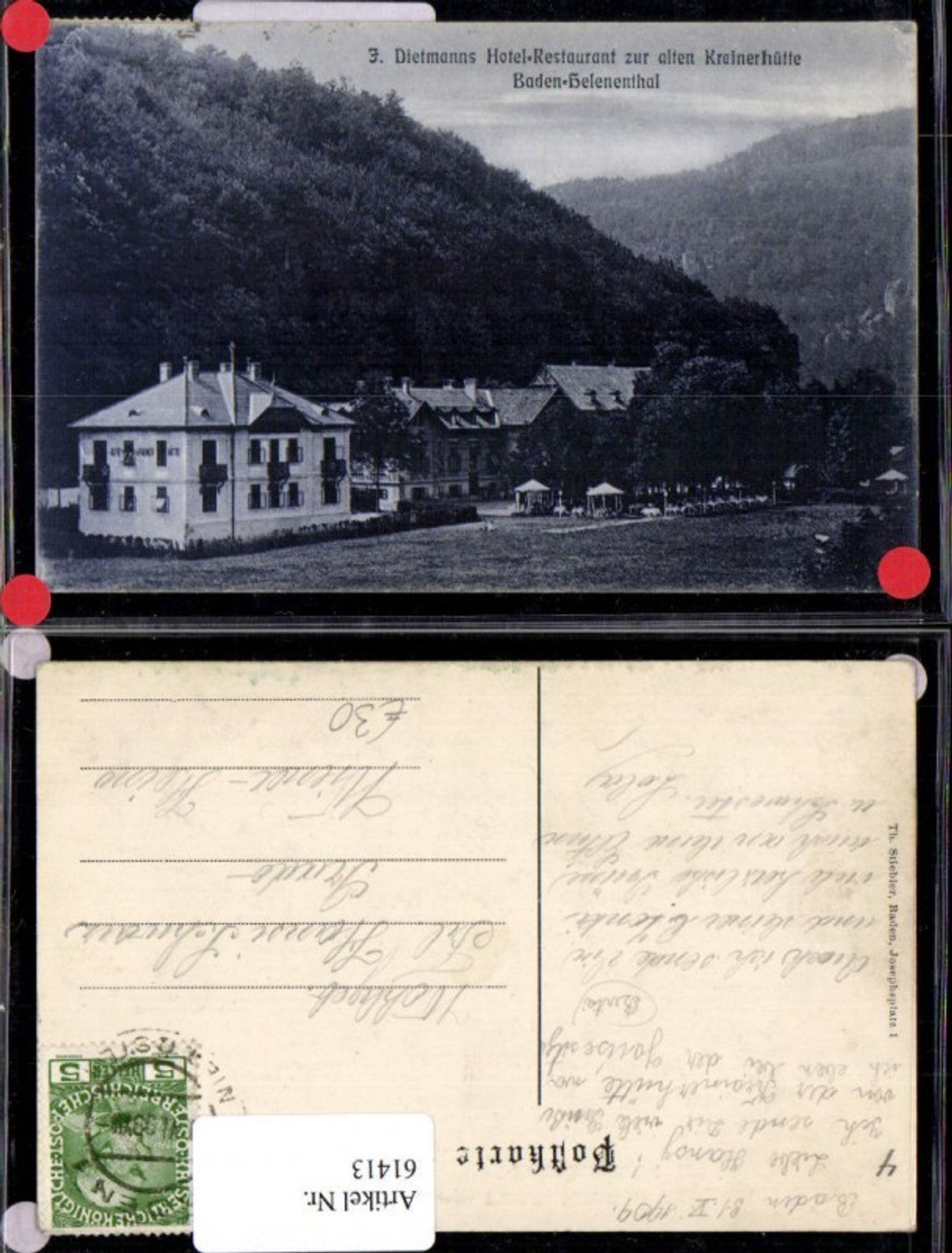 61413,Dietmanns Hotel Restaurant zur alten Krainerhütte Baden b. Wien Helenenthal 1909
