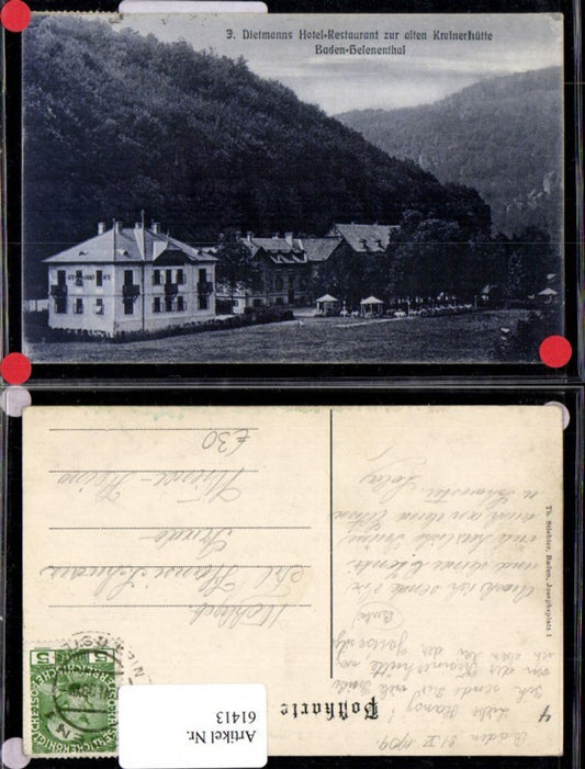 61413,Dietmanns Hotel Restaurant zur alten Krainerhütte Baden b. Wien Helenenthal 1909
