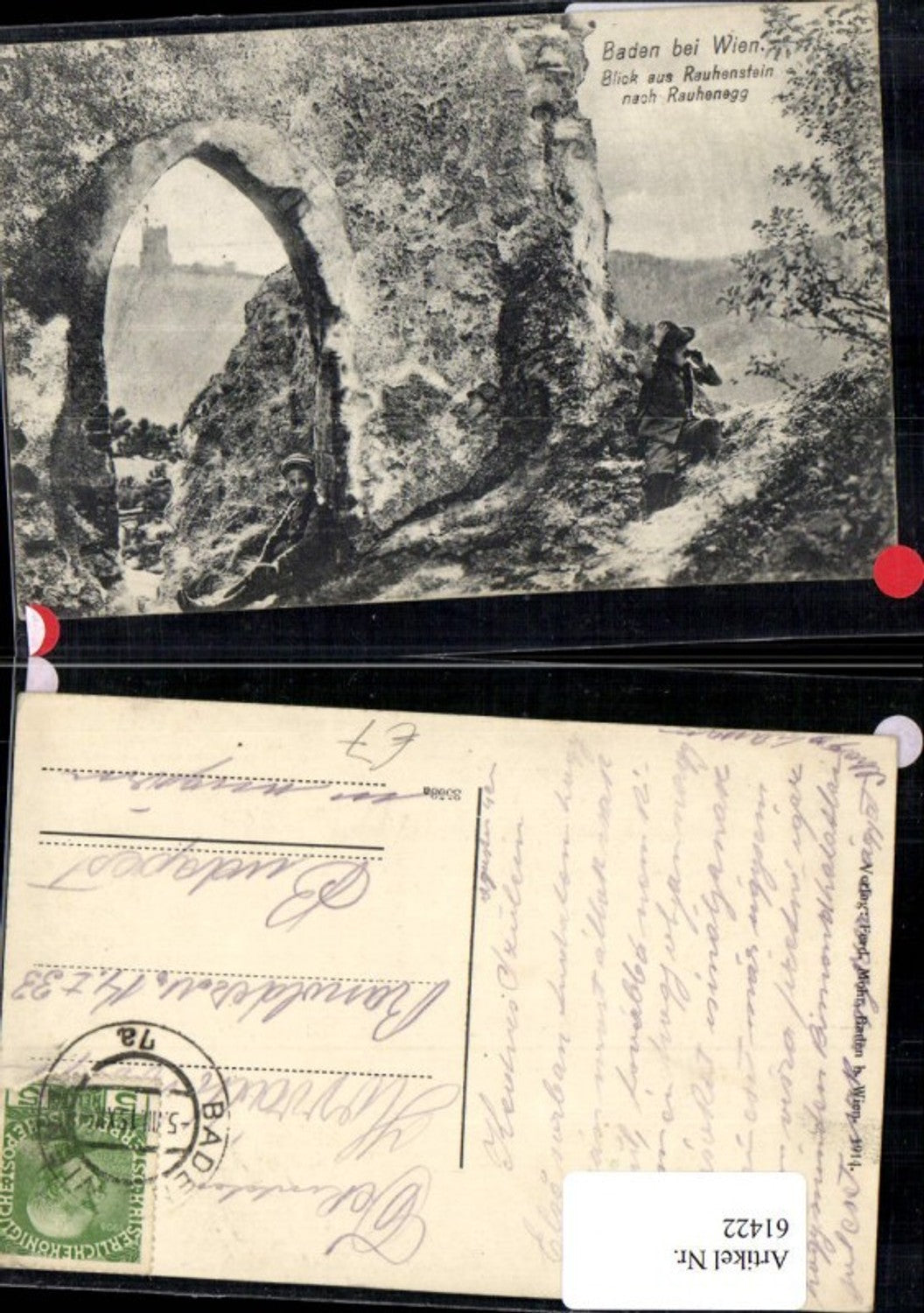 61422,Blick aus Rauhensein nach Rauhenegg Mann mit Fernglas Baden b. Wien