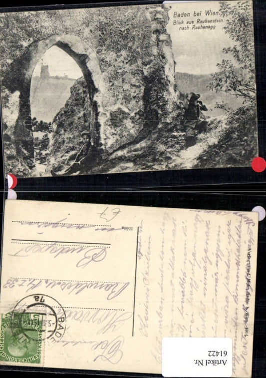 61422,Blick aus Rauhensein nach Rauhenegg Mann mit Fernglas Baden b. Wien