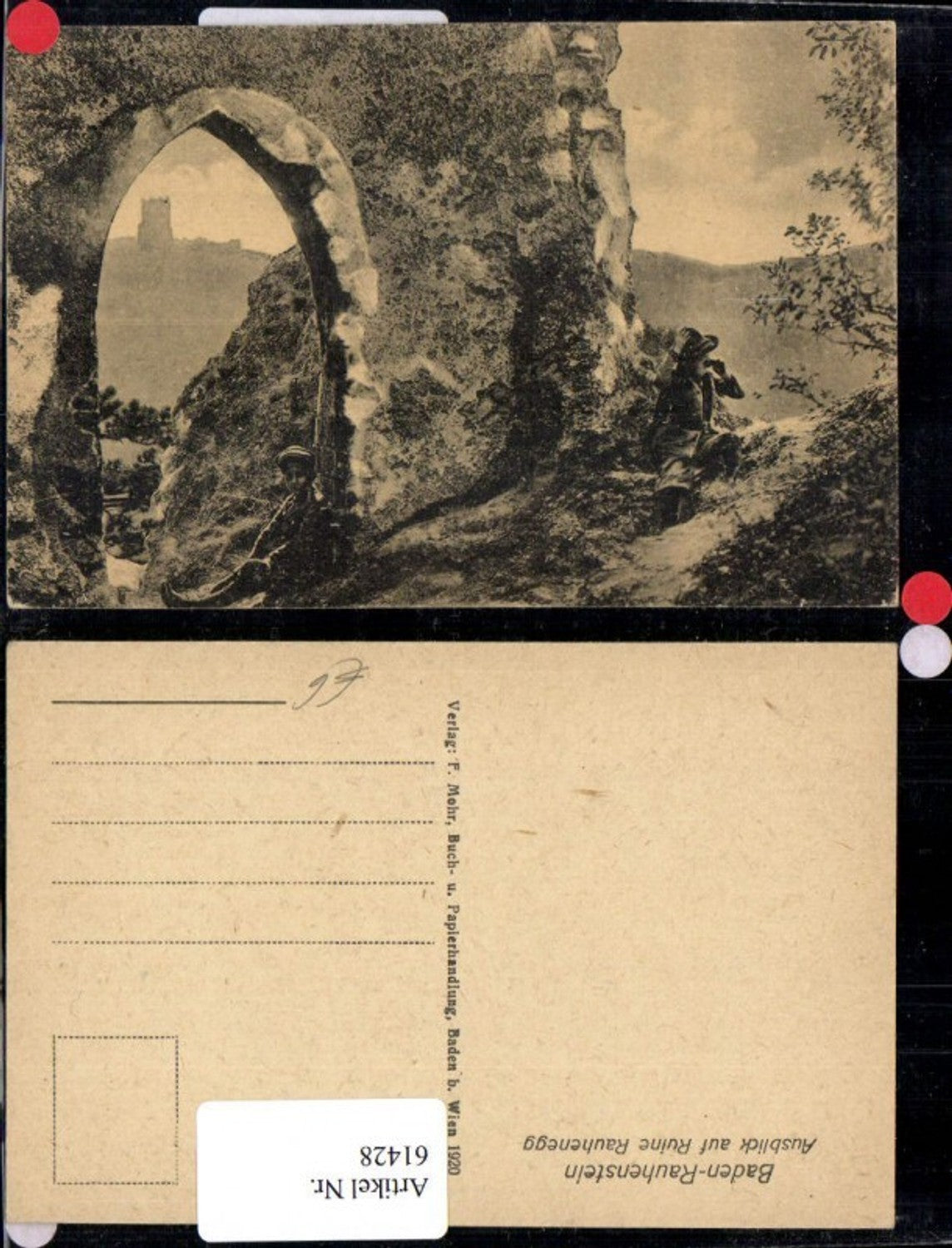 61428,Blick aus Rauhensein nach Rauhenegg Mann mit Fernglas Baden b. Wien