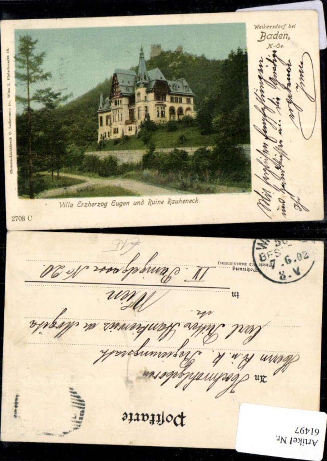 61497,Villa Erzherzog Eugen und Runie Rauheneck Weikersdorf Baden b. Wien Chromo Lichtdruck