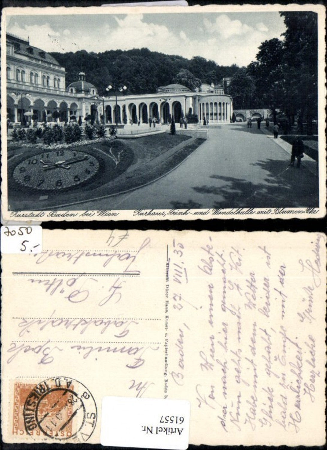61557, Kurhaus Drinking and Promenade Hall with Flower Clock Baden near Vienna 1930 