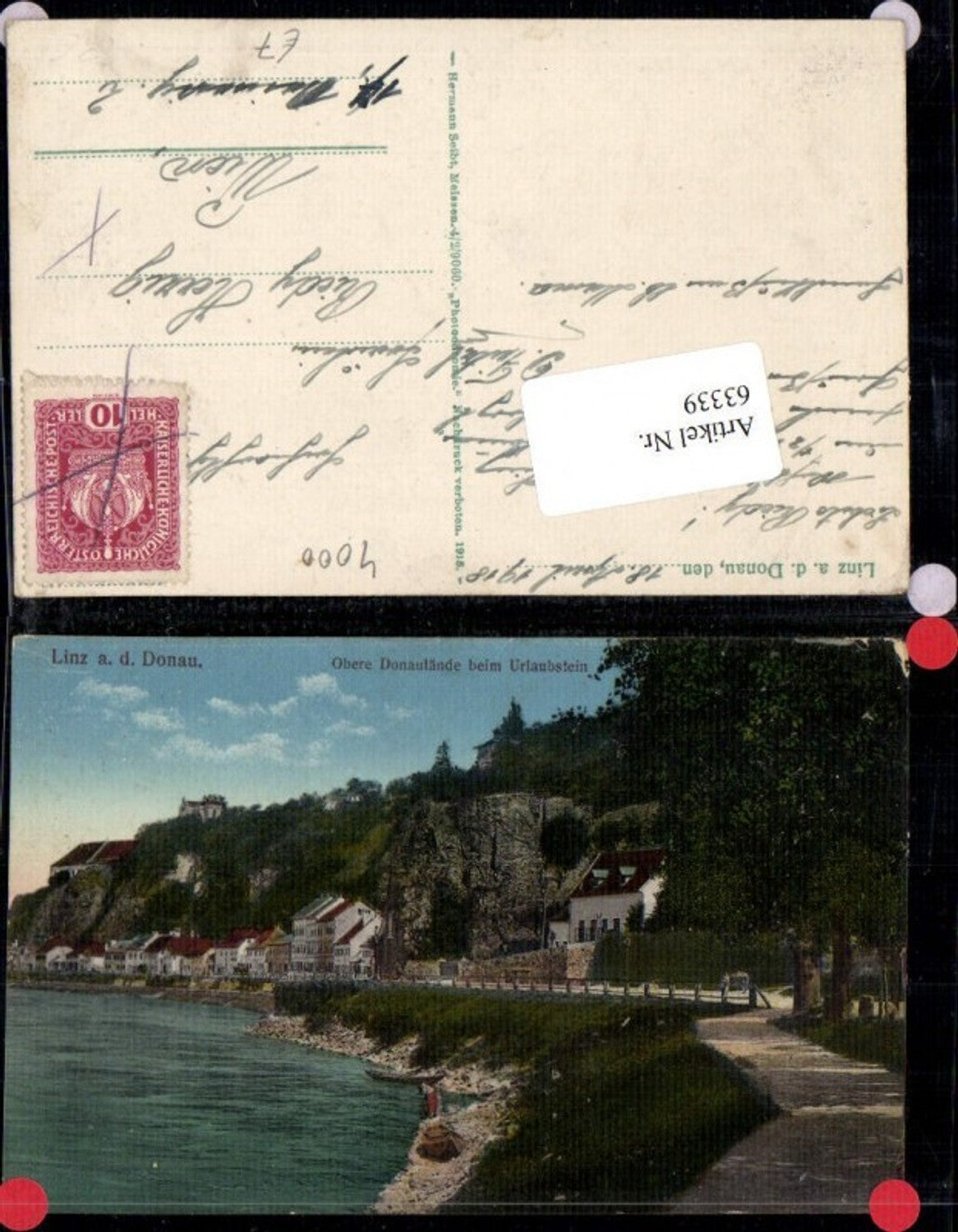 63339,Linz a.d. Donau  Obere Donaulände beim Urlaubstein 1918 Photochromie