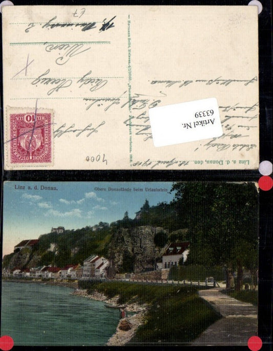 63339,Linz a.d. Donau  Obere Donaulände beim Urlaubstein 1918 Photochromie