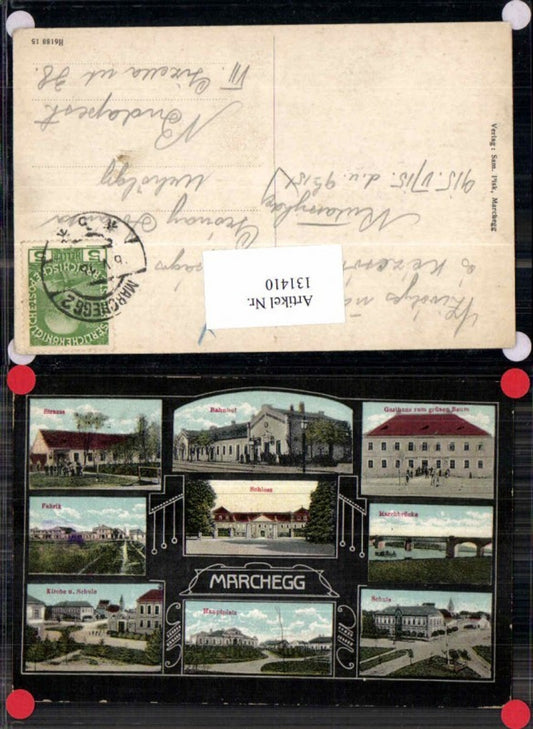 131410,Seltene AK Marchegg 1915 Schule Kirche Gasthaus zum grünen Baum Strasse Bahnhof