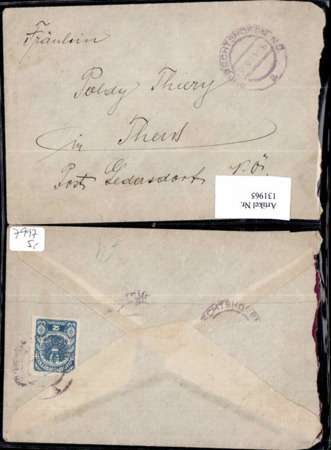 131965,Beleg Ruprechtshofen n. Theiß Gedersdorf 1921 ohne inhalt