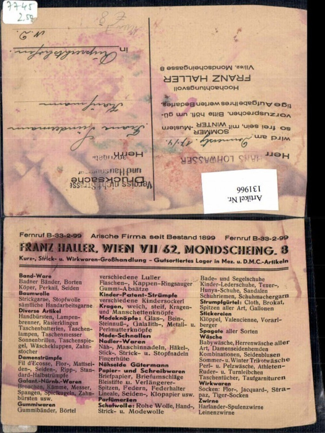 131966,Reklame Beleg Werbung Wien 7 Neubau Mondscheingasse 8 Franz Hauer Strickwaren Handlung