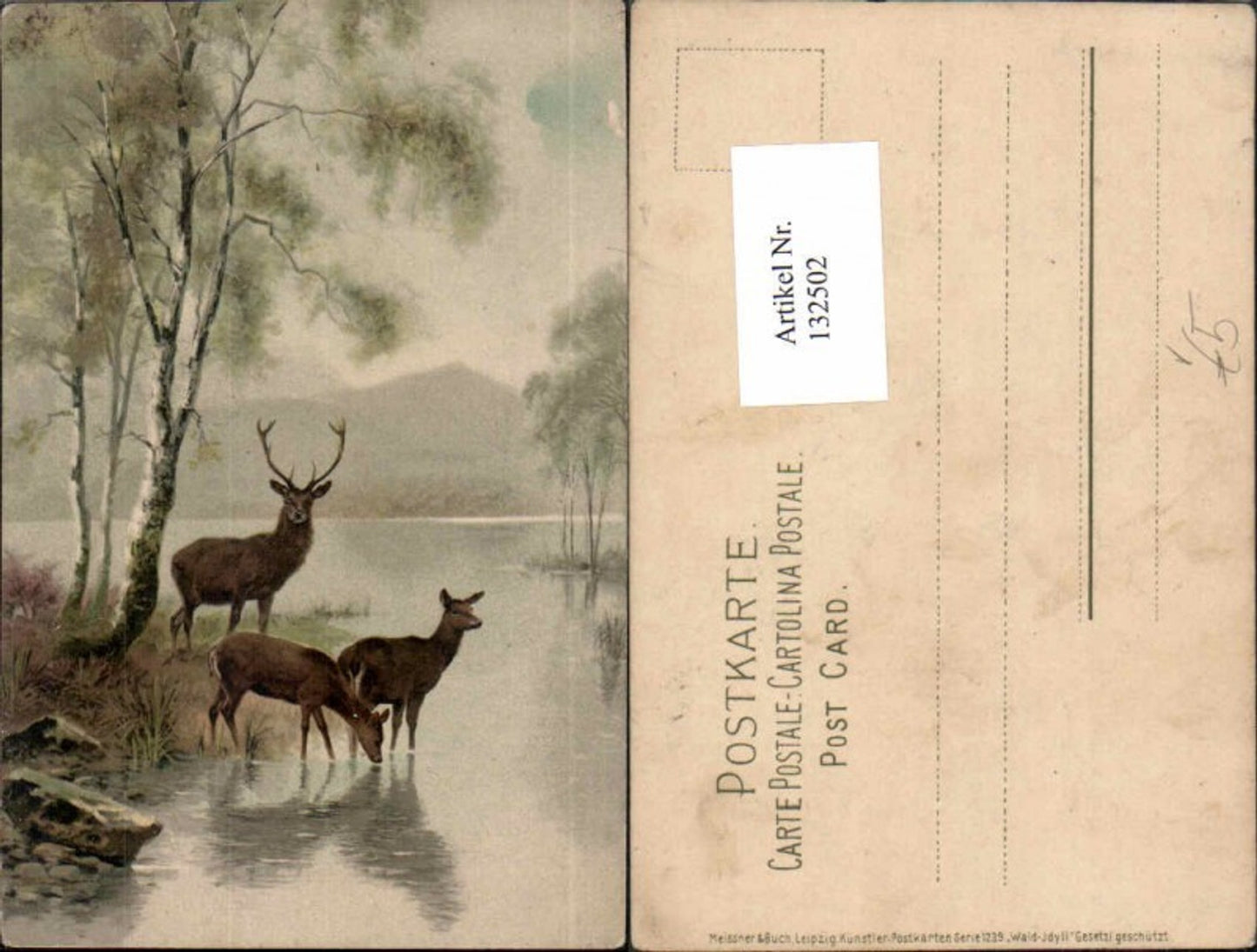 132502,Meissner & Buch Leipzig 1229 Wald Idyll Rehe Hirsch Jagd
