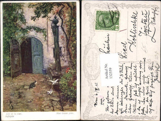 132559,Mini Gause Hofidylle Katze m. Vogel