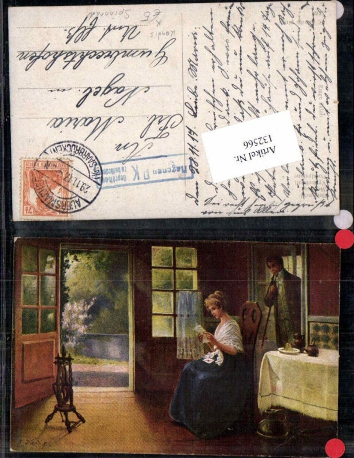 132566,R. Kandis Belauscht Spinnrad Frau liest Brief