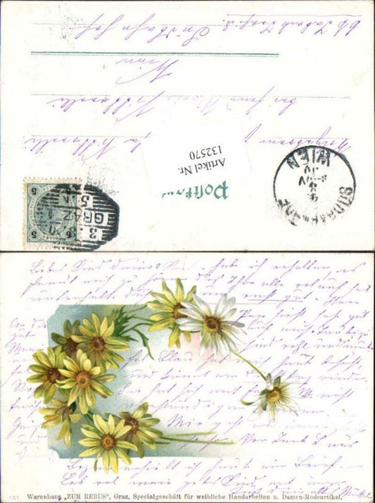 132570,Reklame Werbe AK Graz Warenhaus zum Rebus Modeartikel Blumen Litho