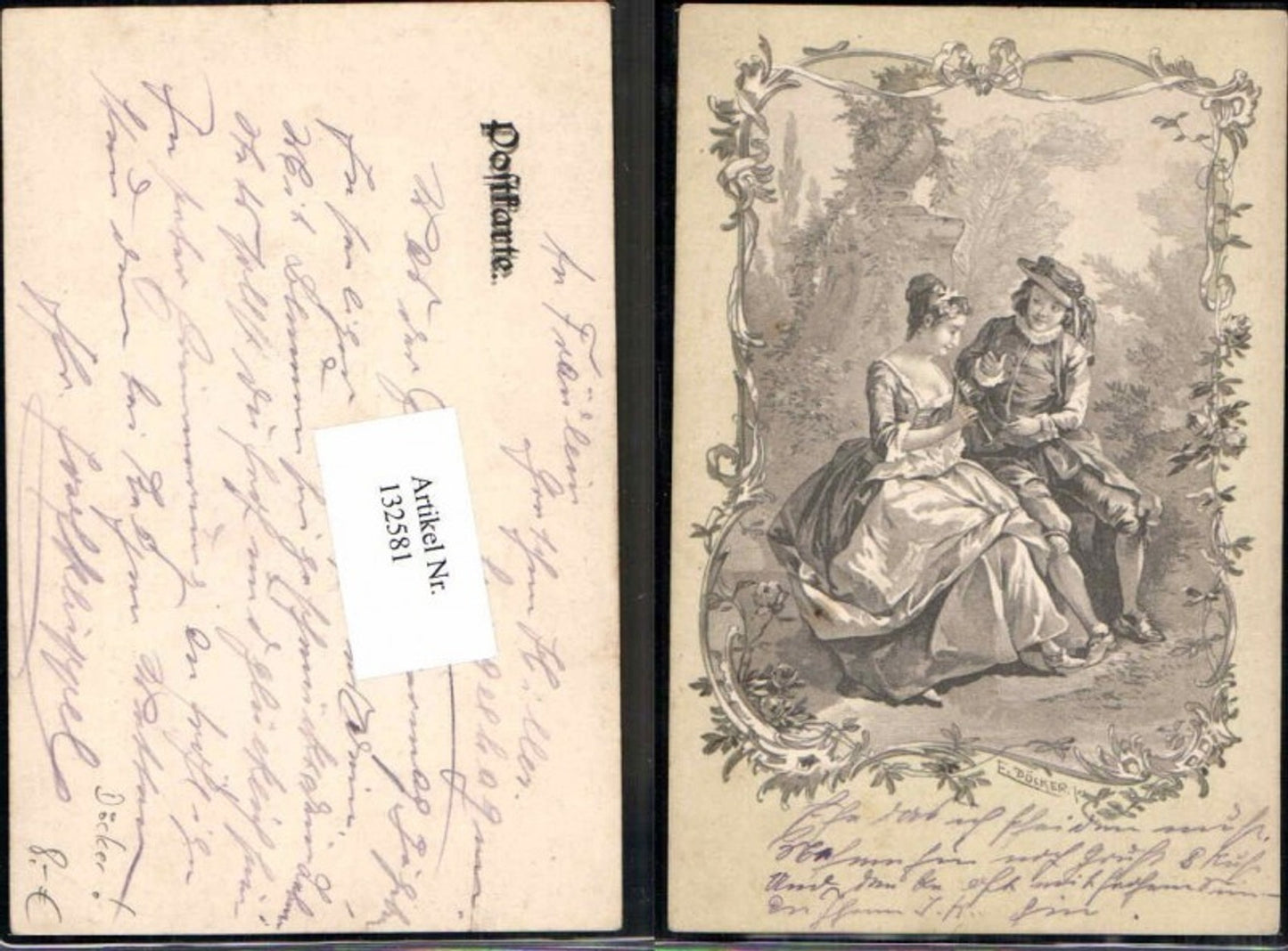 132581,E. Döcker Litho Jugendstil AK Frau spielt Flöte