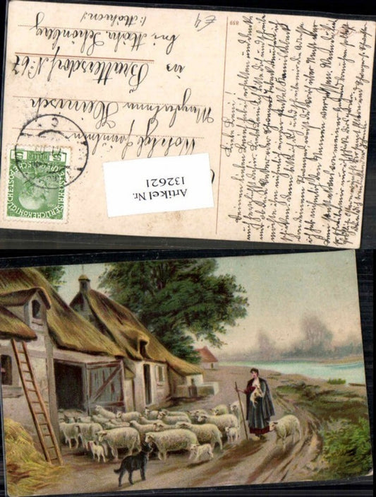 132621,Künstlerkarte Hirtin Hirte m. Schafe Schäferin Schäfer