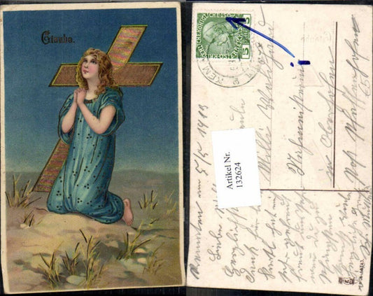 132624,Tolle Präge AK Mädchen betet Kreuz Religion