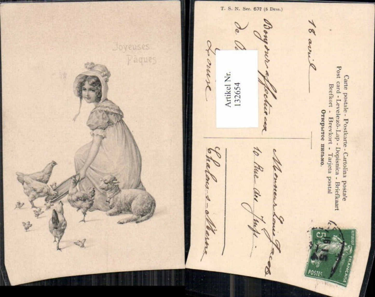 132654,Theo Stroefer 637 Jugendstil Art Nouveau Schaf Frau Küken Ostern