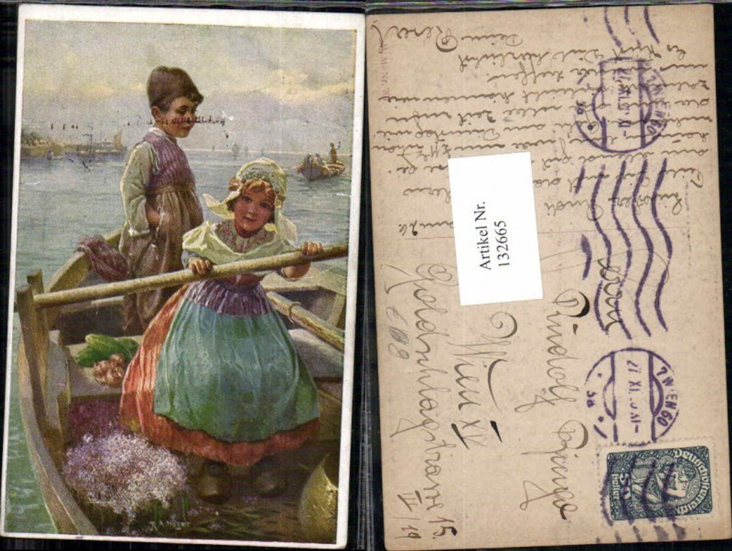132665,M. Munk Vienne 701 R. A. Höger KInder im Boot Holländische Tracht