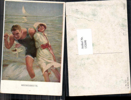 132690,M. Munk Vienne 1124 Meeresbeute Frau mit Hut wird v. Mann mitgenommen