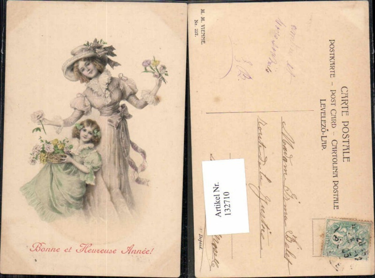 132710,M. Munk Vienne 237 Jugendstil Art Nouveau Schöne Frau Edwardian Girl Hut Kind