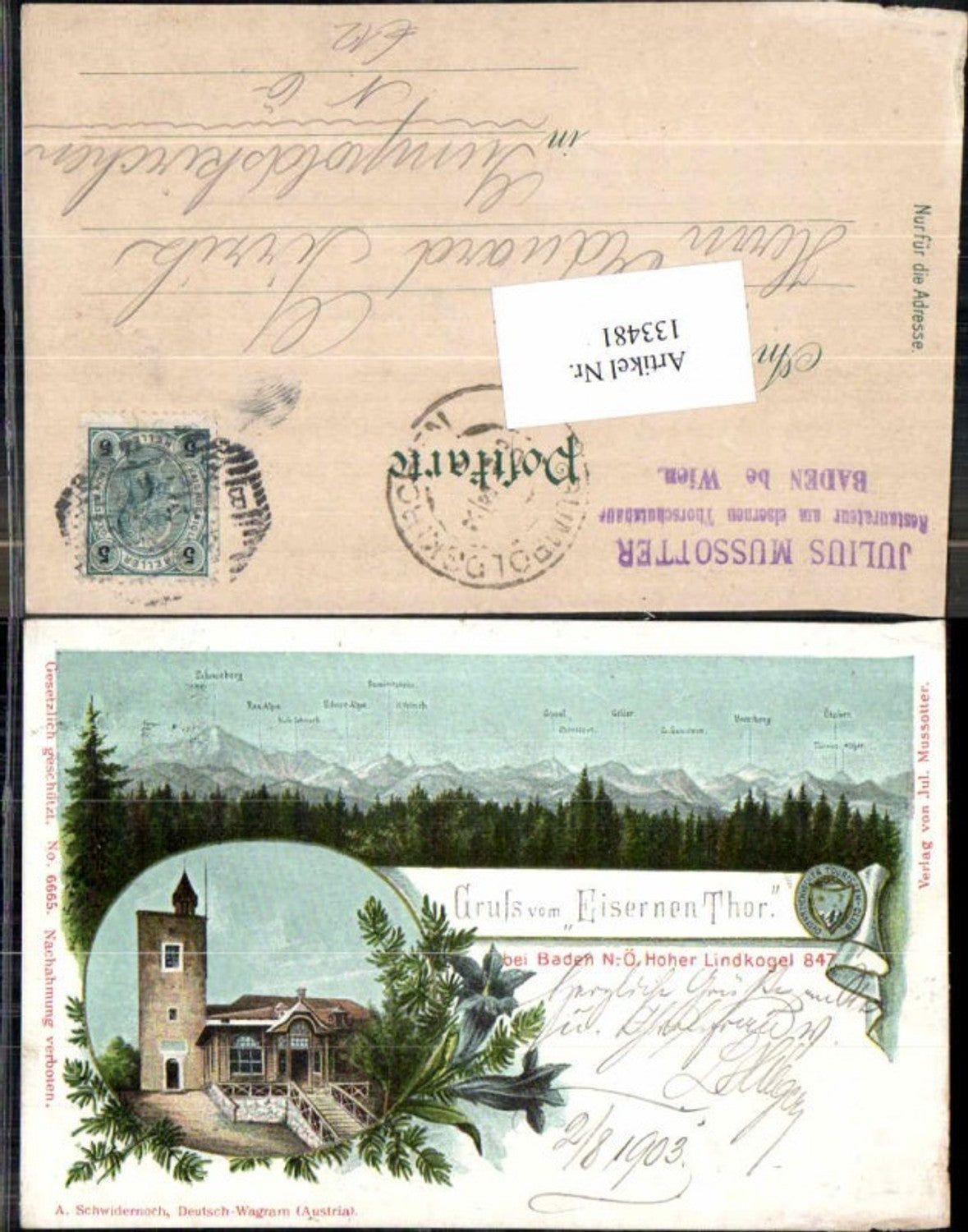 133481,Litho Gruss vom Eisernen Thor Baden bei Wien Lindkogel