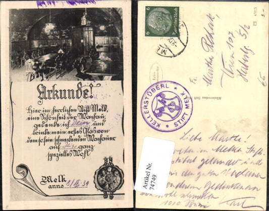 74749,Urkunde aus dem Kellerstüberl im Stift Melk im Jahre 1939