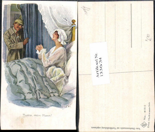 133634,Ernst Heilemann Soldat besucht Frau am Bett Pickelhaube Patriotik sign. Künstlerkarte