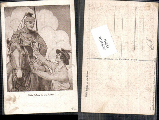 134041,Frau m. Mann Soldat Mein Schatz ist ein Reiter Kavallerie Frau Hut Plantikow sign