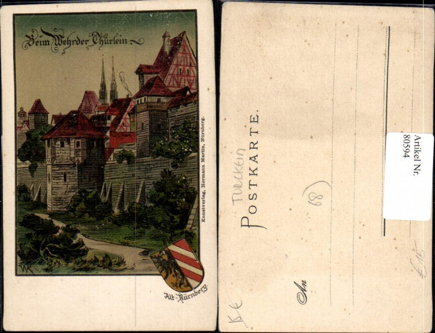 80594,Alt Nürnberg beim Wehrder Thürlein Prägekarte mit Wappen