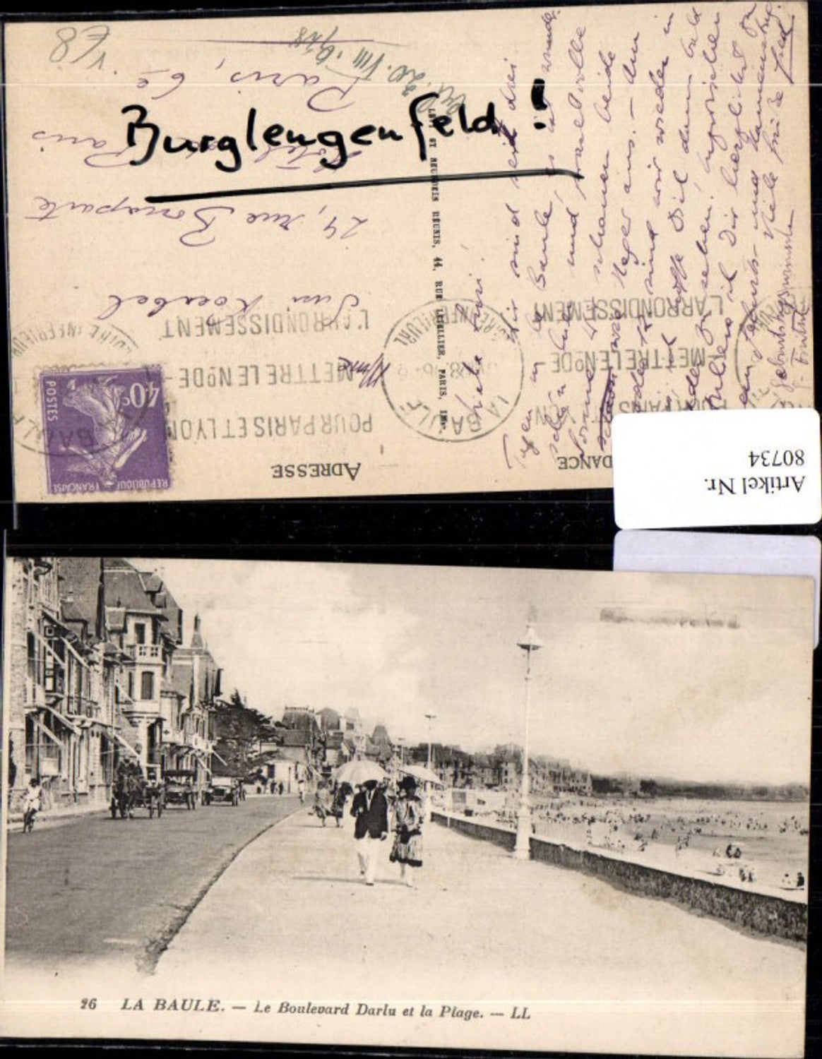 80734,La Baule Le Boulevard Darlu et la Plage pub LL. 16 Straßenansicht Strand Kutsche Oldtimer