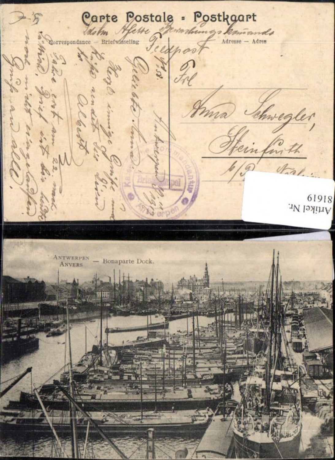81619,Antwerpen Anvers Bonaparte Dock Hafen Botte Schiffe Segelboote Feldpost