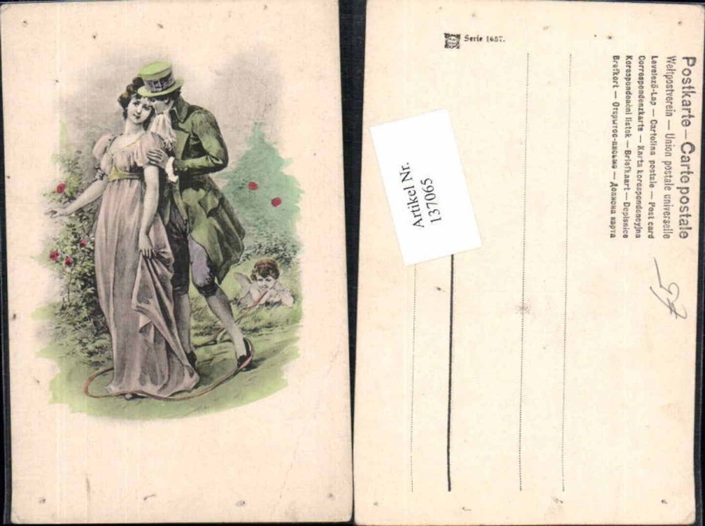 137065,Liebespaar Paar Litho Amor m. Schlinge Hut Kleid