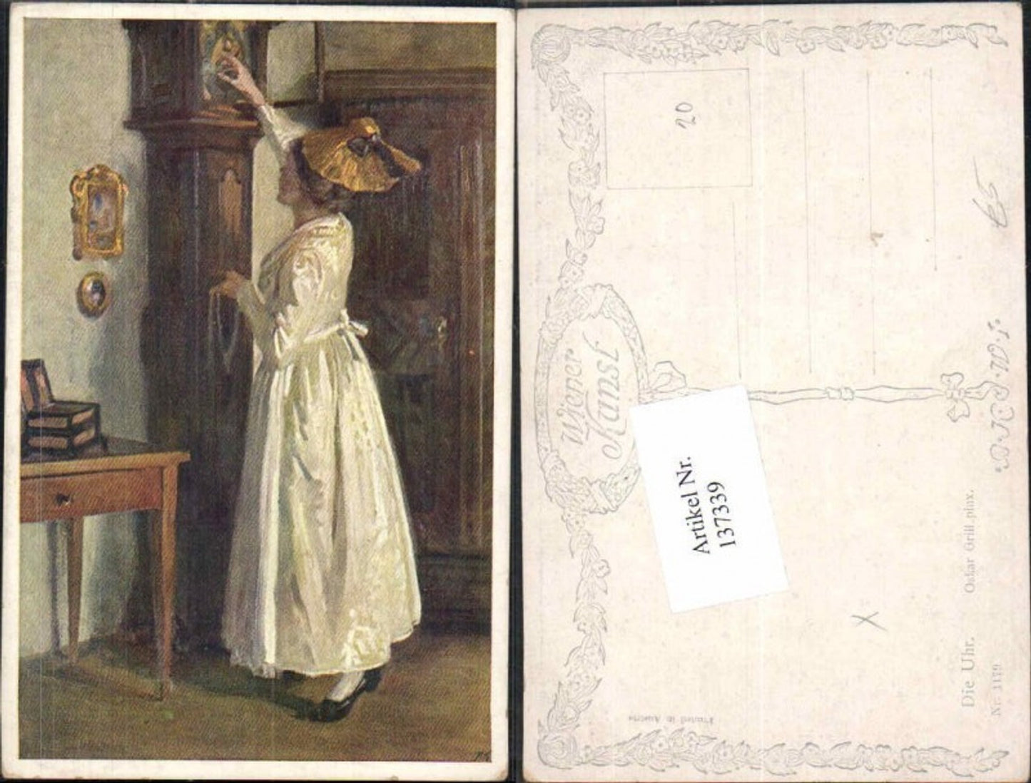 137339,Frau m. Kleid Hut Tracht Oskar Grill Die Uhr Wanduhr