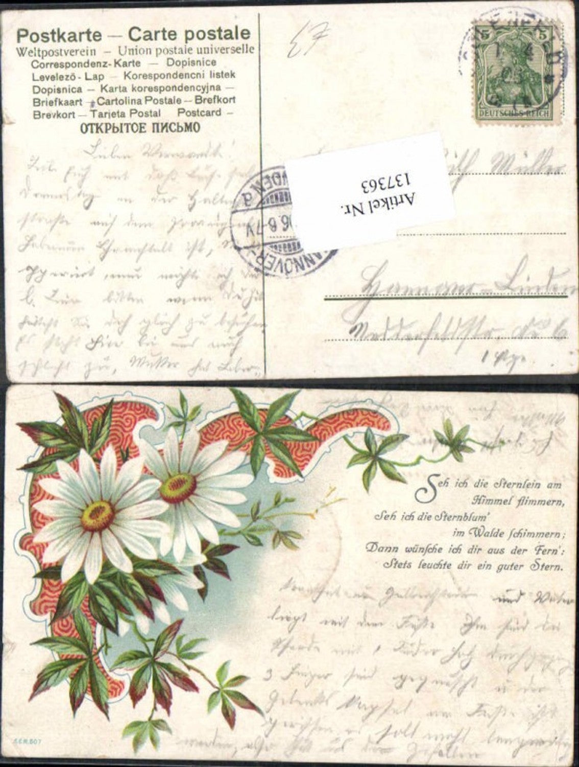137363,Tolle Litho Blumen Spruch 1900