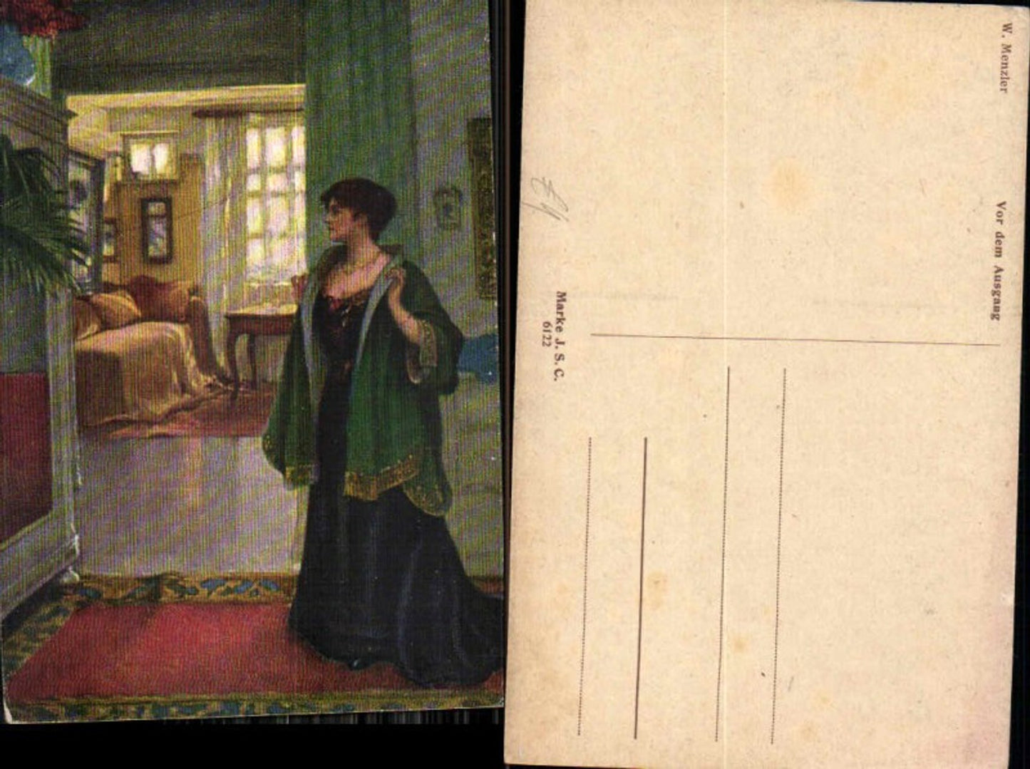 137556,W. Menzler Vor dem Ausgang Frau Kleid