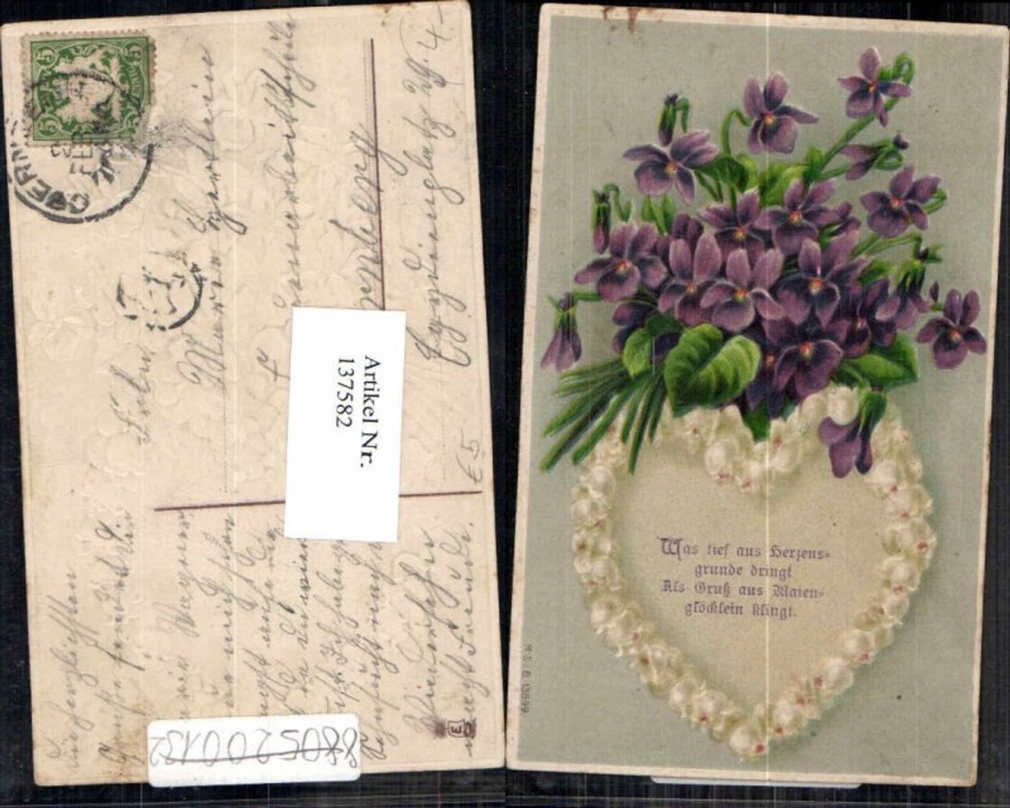 137582;Tolle Präge Litho Herz Blumen vergissmeinnicht