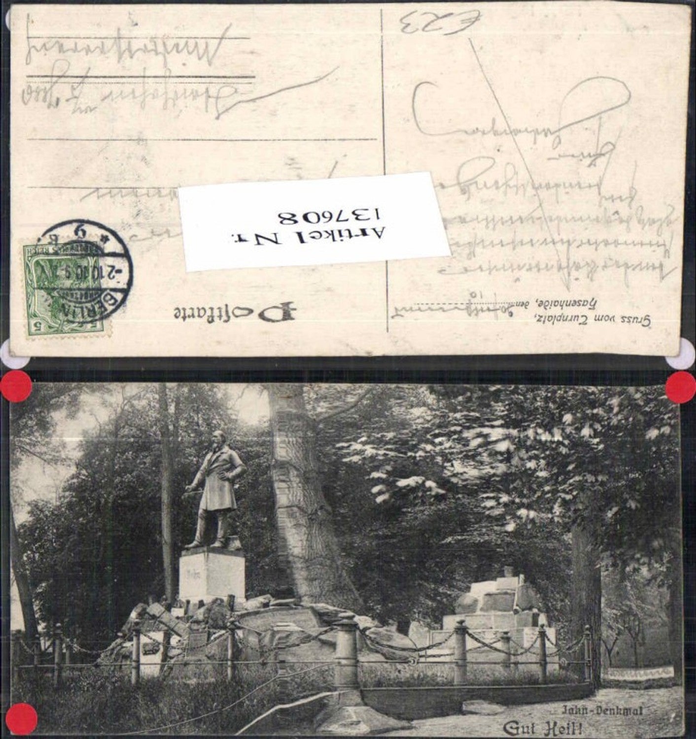 137608,Berlin Neukölln Kreuzberg Hasenhaide Gut Heil John Denkmal Gruss vom Turnplatz 1909