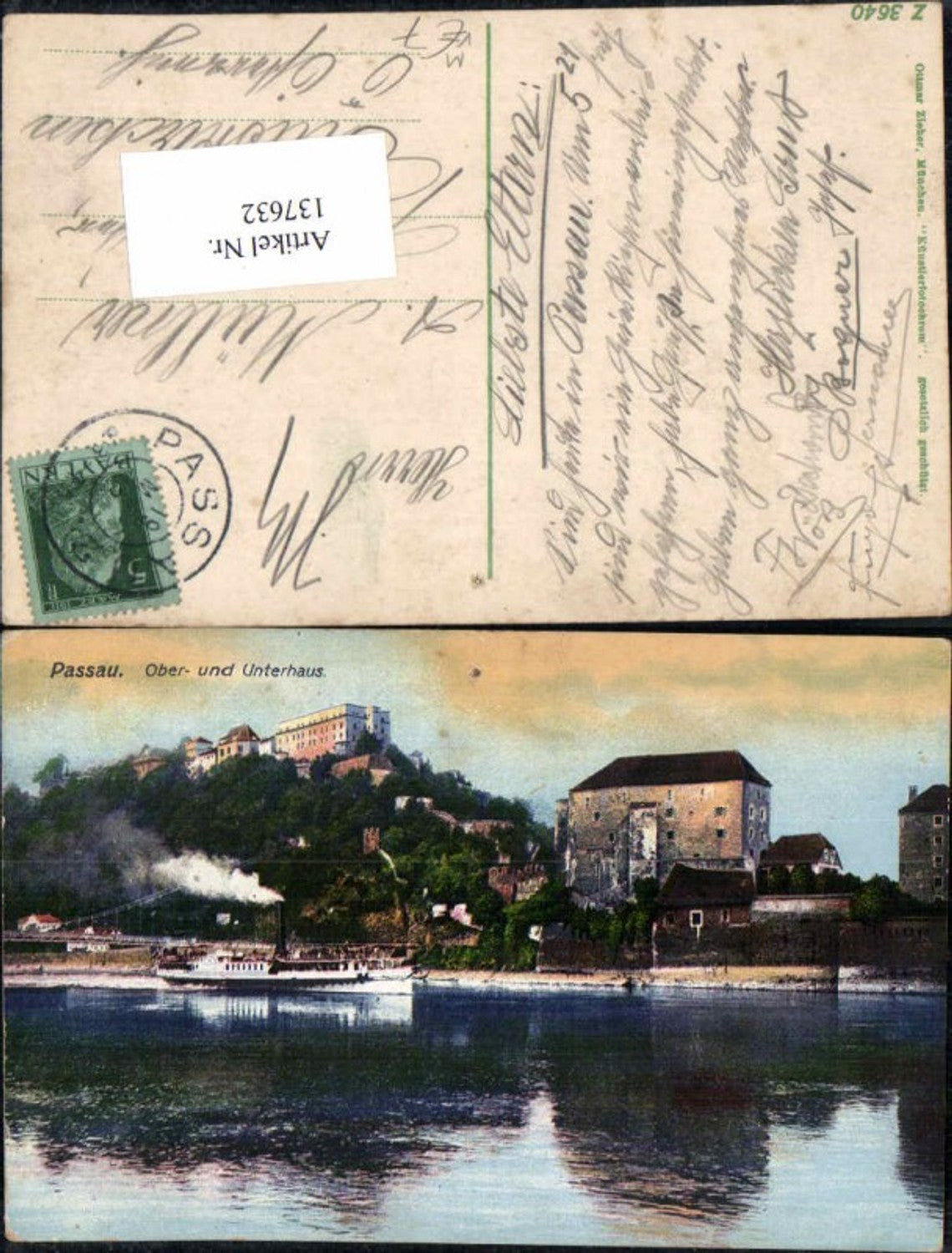 137632,Passau Oberhaus Niederhaus Dampfer 1905 Künstlerfotochrom pub Zieher Z 3640