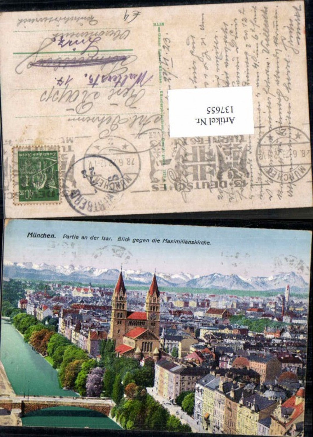 137655, Munich, section by the Isar River with Maximilianskirche, 1915