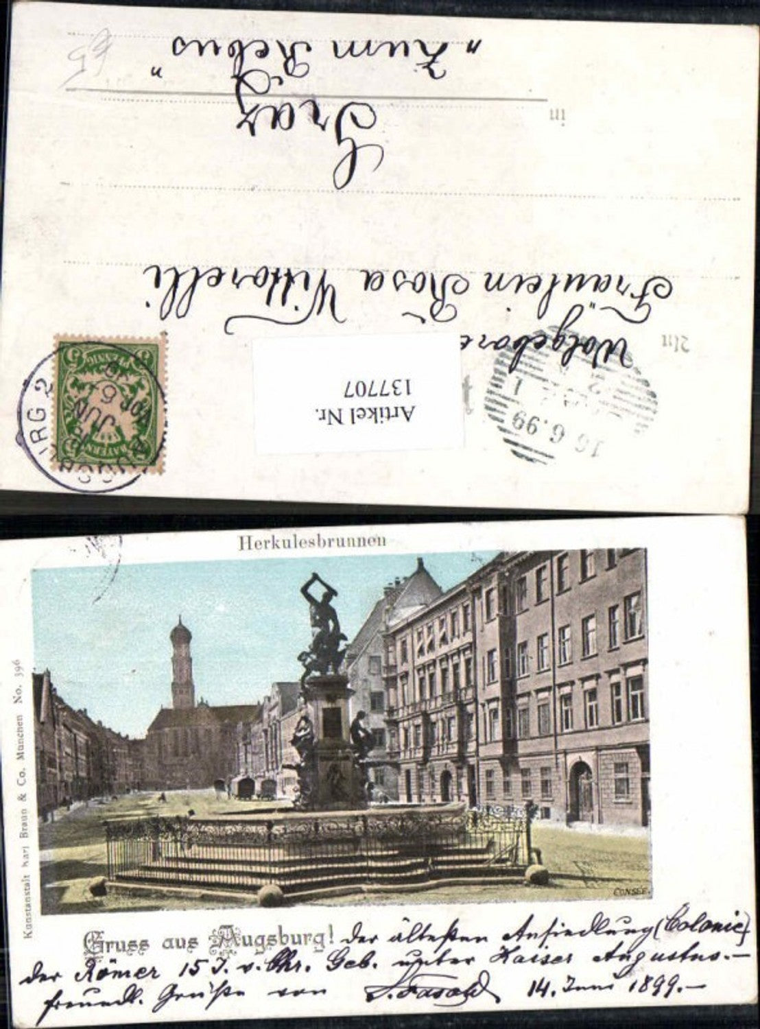 137707,Litho Gruss aus Augsburg Herkulesbrunnen Brunnen pub Karl Braun Nr 396