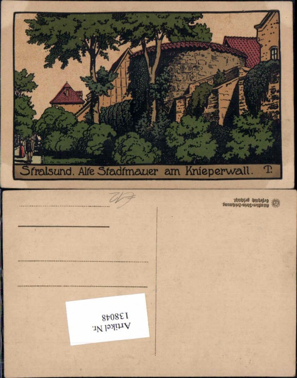 138048,Steindruck AK Stralsund Alte Stadtmauer am Knieperwall Künstler Stein Zeichnung