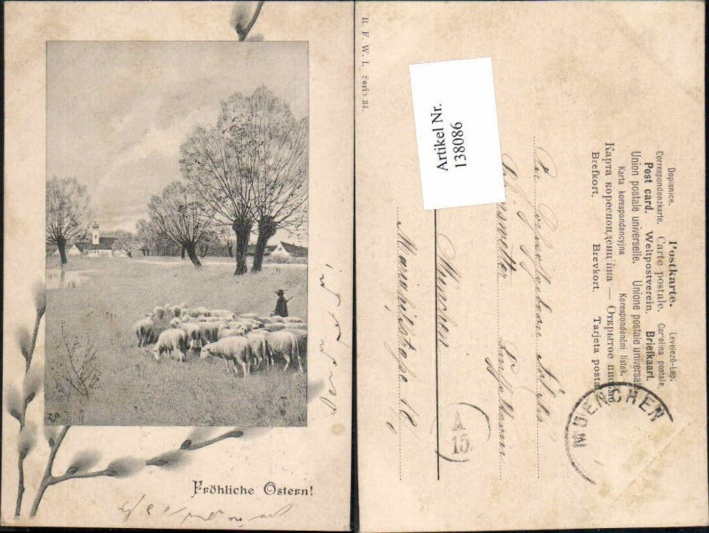 138086,Ostern Schafe Hirte Tolle Karte 1900 Vienne Stil